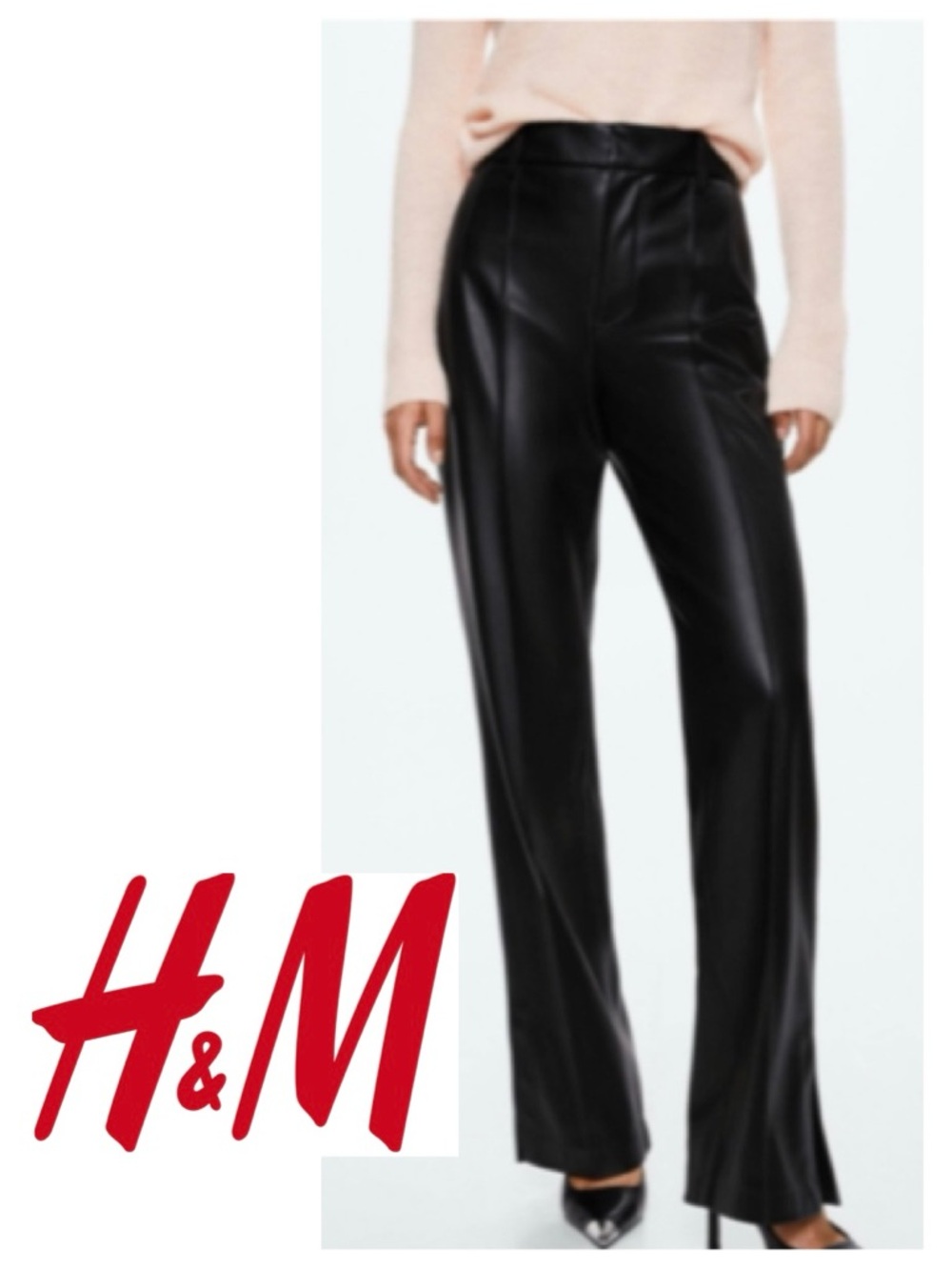 H&M Black Vegan Leather Trousers Coated Pants Faux Straight Leg Women's 6